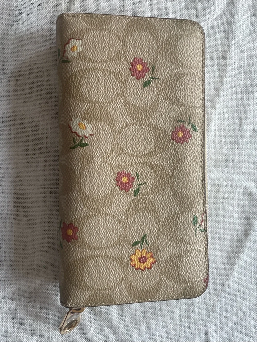 Coach Beige Signature Floral Zip Wallet